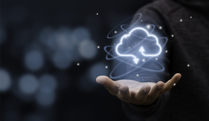 Businessman holding virtual cloud computing to transfer data inf